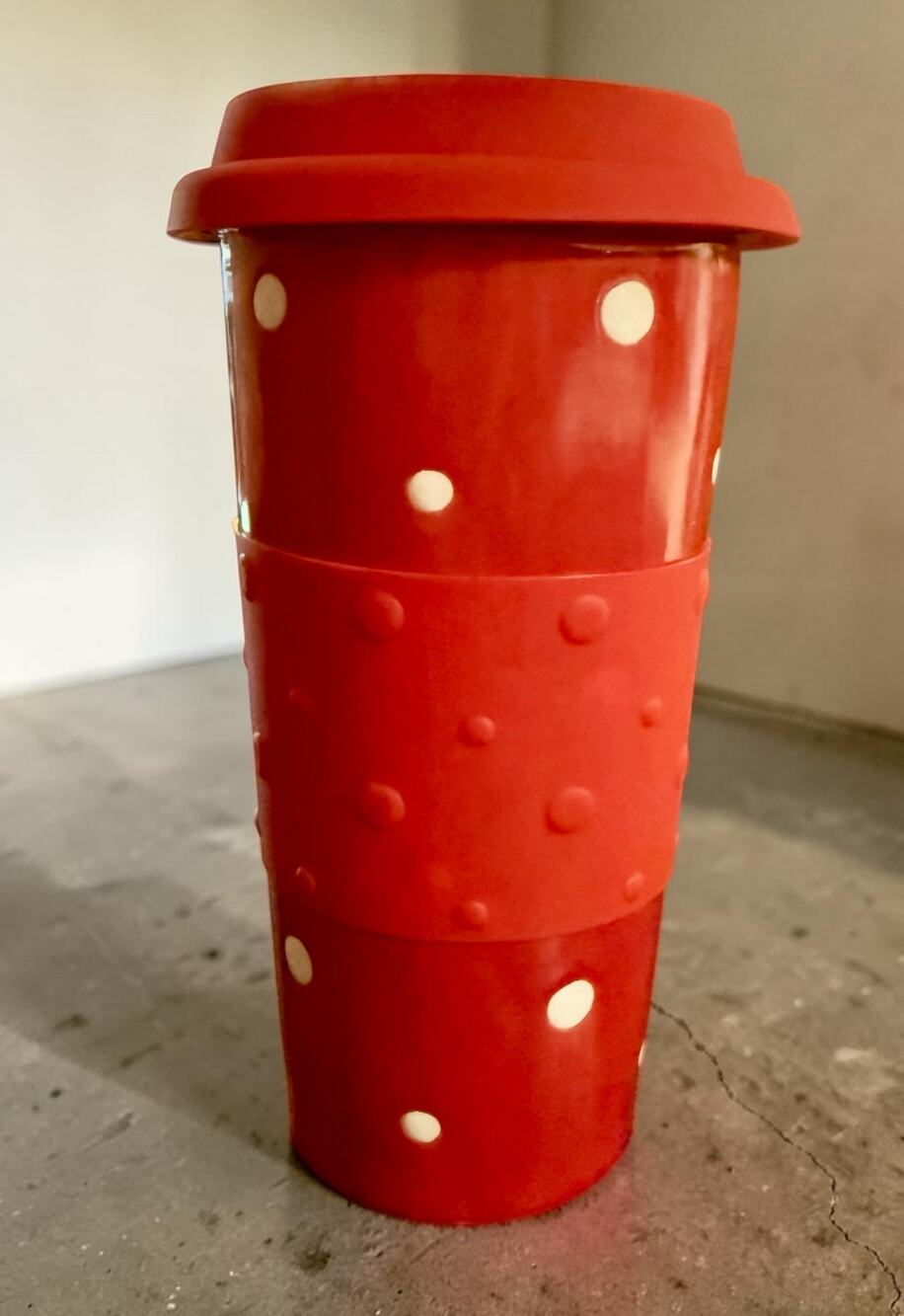 Temp-Tations by Tara 16oz Ceramic Travel Mug Tumbler - Red Polka Dot